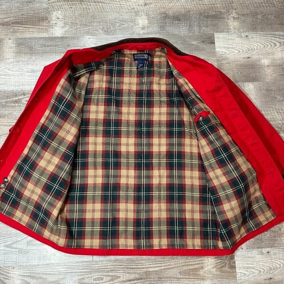Lands'End Leather Collar Red Plaid Lined Barn Coat | Men's Size Tall L (42-44) - Picture 11 of 12